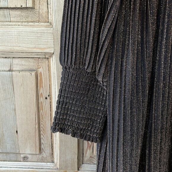 Boden 22 Regular Metallic Dress Maxi Black Gold Plus V-Neck Pleated Long Sleeve - Picture 7 of 15